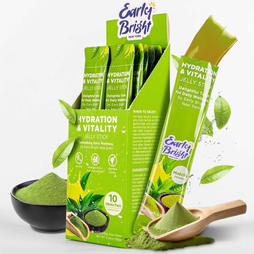 Jelly Sticks - Matcha- Ochucené pro lepší ráno po pití, Podpora jater & Vitality s Taurin & DHM, Cítit uvolněné a energizované, 18gX10ea