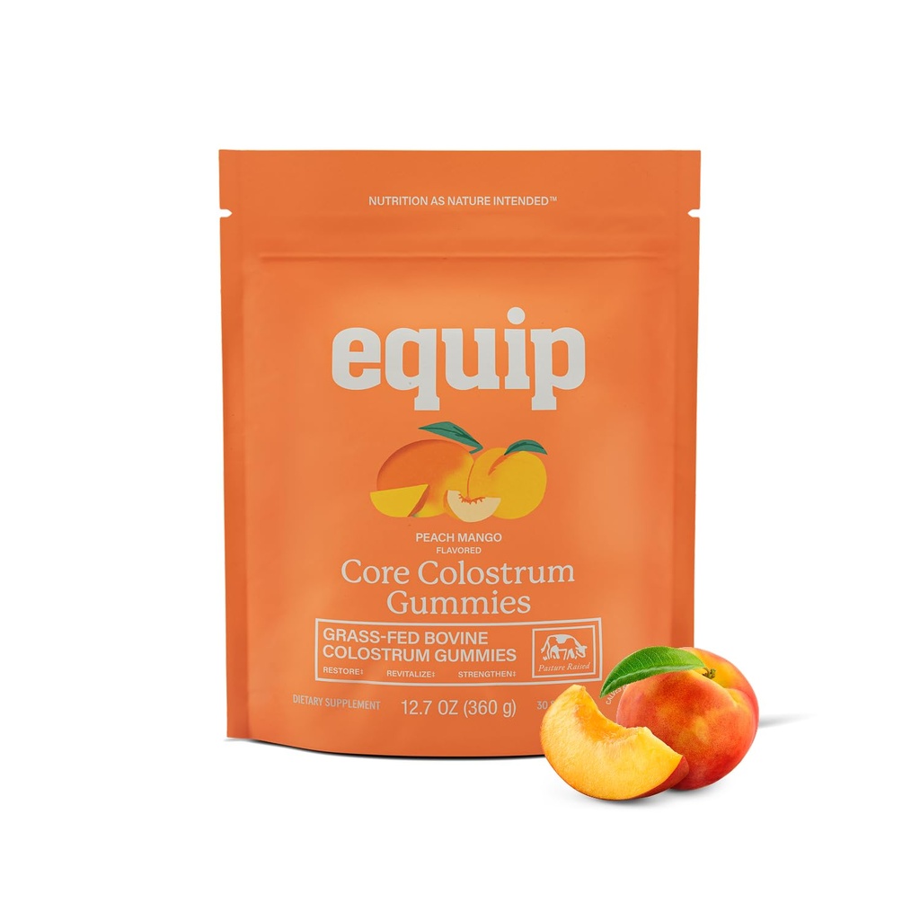 Equip Foods Core Bovine Colostrum Gummies, Delicious 1g Per Seving Grass Fed Colostrum Supplement - Gut Health, Imunity, Recovery, Vlasy & Skin - 60 Bovine Colostrum Gummies, 30 Servings, Peach Mango