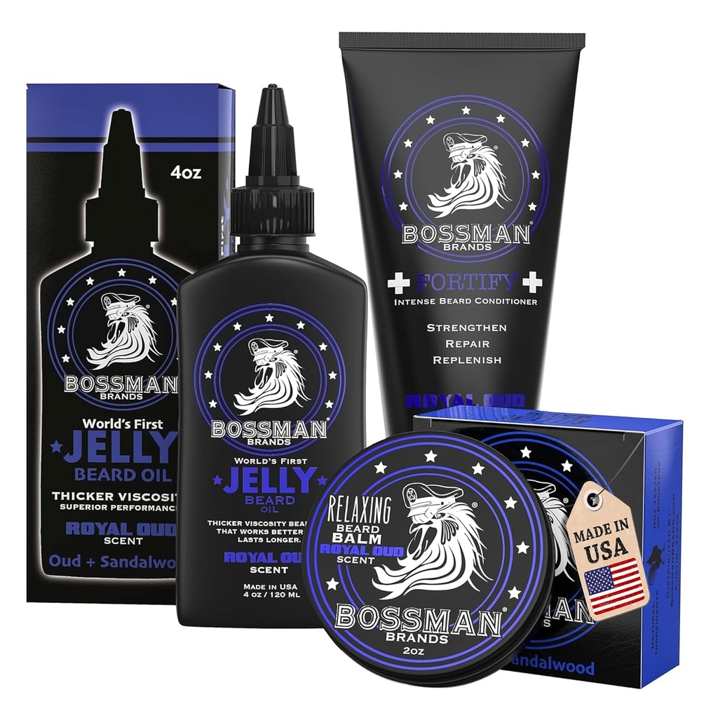 Bossman Essentials Beard Kit pro muže, Sada 3 - Vousáč Ropa Jelly, Opevnění Conditioner Cream, Vousáč Balzám - Rostoucí příslušenství pro péči o růst - Dárková sada pro muže (Royal Oud)