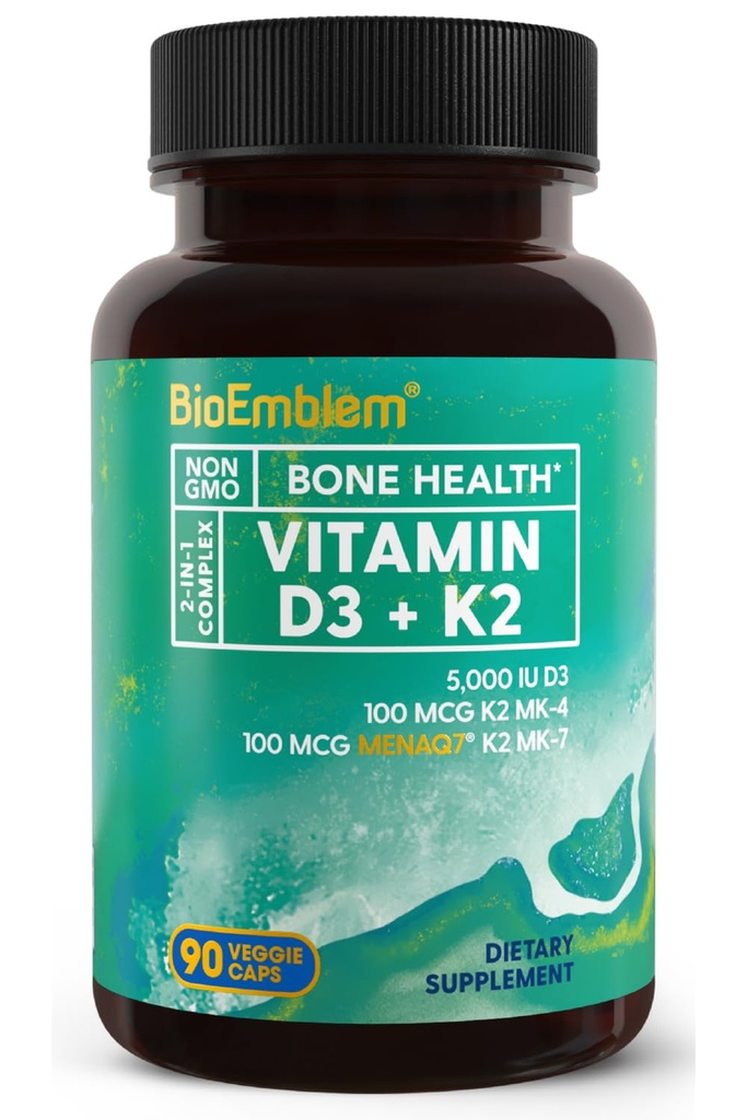 BioEmblim Vitamin D3 K2 Kapsle (5000IU a 200mcg) - Patentované MK7 a MK4 pro 3- in-1 komplexní podporu - Vegetariánský vitamin D K2 dodatek pro zuby, srdce, imunitní systém - Non- GMO, 90 Caps