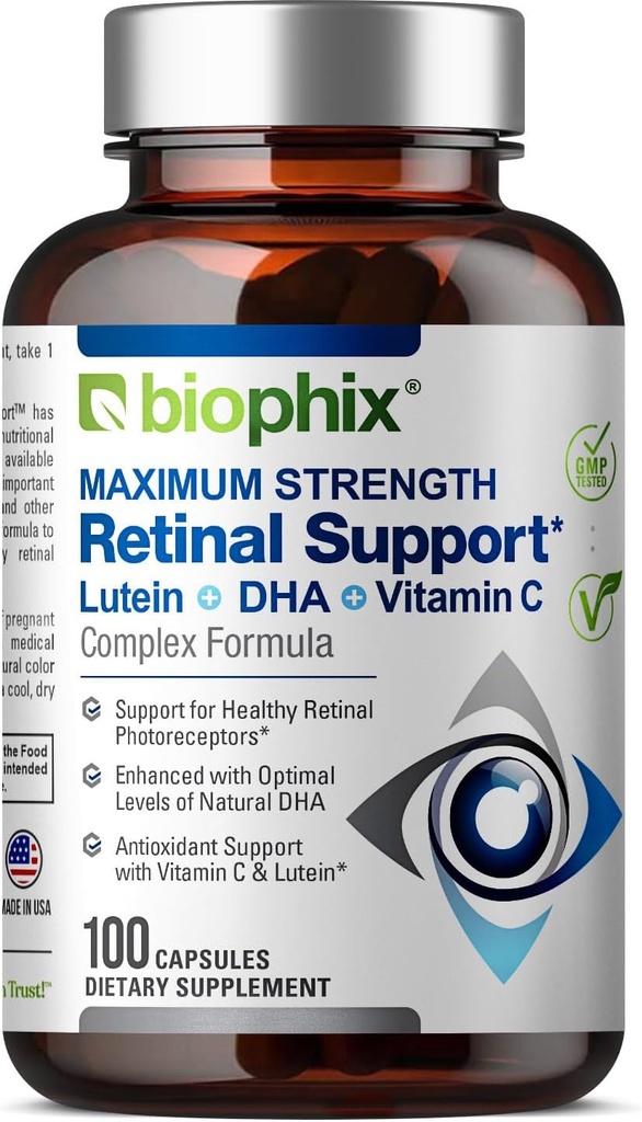 biophix Retinal Support Maximální síla Complex Formule 100 Kapsle - Zinek Vitamin C E Lutein DHA Omega33 Astaxanthin Hyaluronic Acid - Podporuje oční vidění zdraví