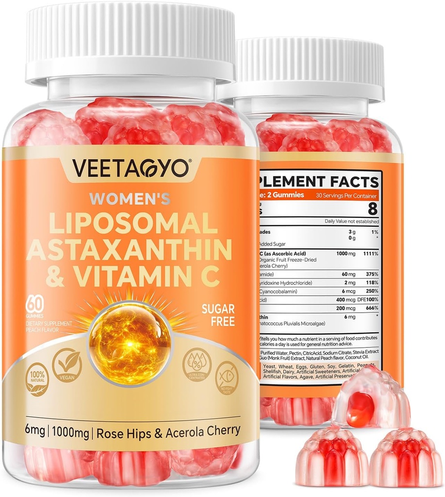 Astaxanthin Doplňky 6 mg + Lipozomální vitamin C 1000mg - Dual Layer - Niacin B6, B12, Folát, Biotin - Antioxidanty - Želatina zdarma, cukr zdarma, 60Cts