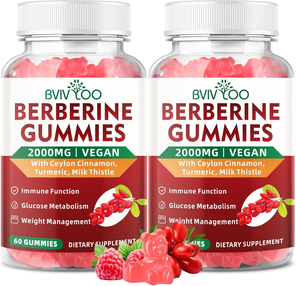 2 Pack Berberine Gummies, 2000mg High Potency Berberine HCI Dodatek, Plus Ceylon Skořice, Mléčné Thistle pro ženy a muže, imunitní systém & Metabolismus Podpora - 120 Gummies