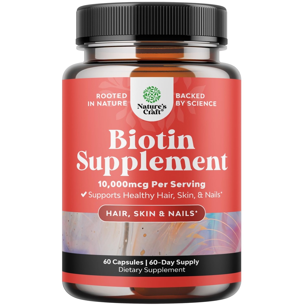 Natures Craft 10000 mcg Čisté Biotin pilulky pro ženy muže - Promotes Silnější a Fuller vlasy. Přírodní doplněk pro Shiny Thick růst vlasů - Vegetariánské vitamínové kapsle - Získejte jasné kůže silné nehty