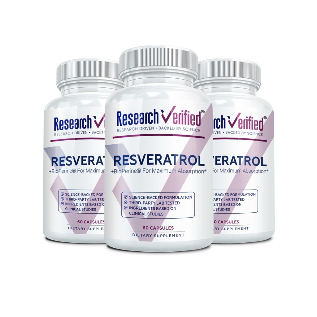 Výzkum Ověřený Resveratrol - 98% Trans- Resveratrol 1000 mg, Anti- Aging Support - 60 Kapsle na láhev - 3 Lahvičky