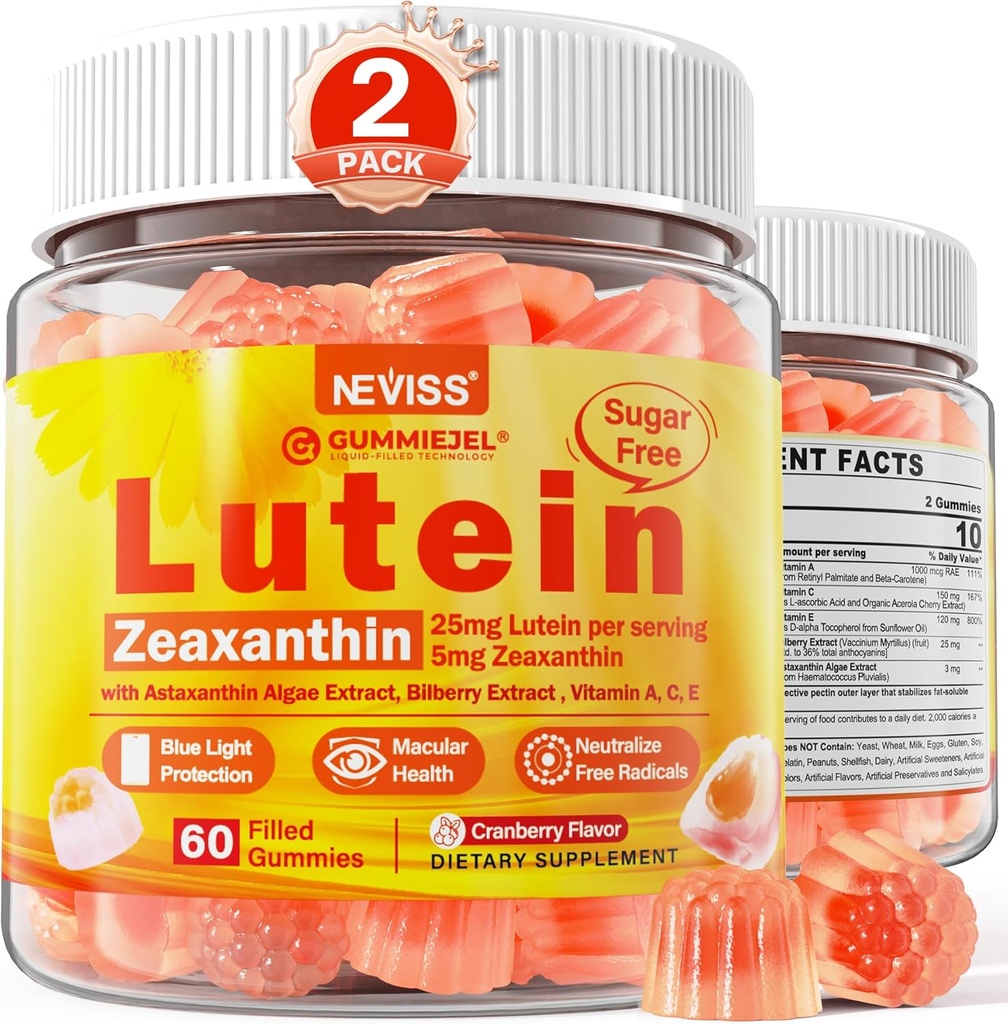 2 Pack Lutein a zeaxanthin doplňky Gummies (25mg) Vitaminy A, C, E, Borůvky, Astaxanthin - Kokosový olej pro lepší absorpci - pro dospělé a dospívající Vize, Oko, Mozek, Kůže - Vegan, cukr zdarma