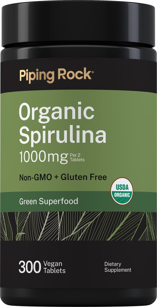 Piping Rock Organic Spirulina CLAS124; 1000mg CLAS124; 300 tablet CLAS124; Arthrospira Platensis CLAS124; Vegetarian, Non- GMO, gluten zdarma dodatek