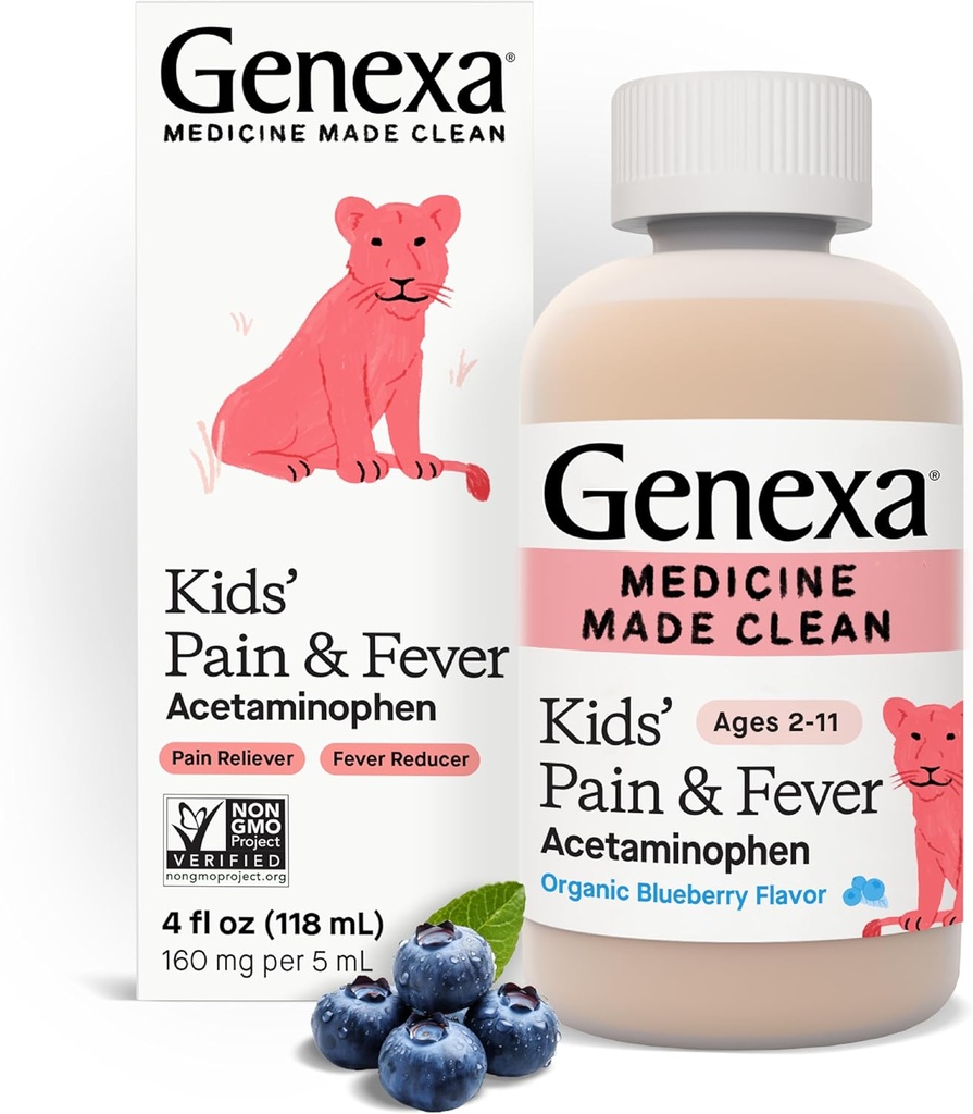 Genexa Kids 'Acetaminofen Pain & Fever Oral Suspension Medicine - 4 oz - Pro děti 2 - 11 let, dočasně zmírňuje bolest a symptomy horečky, 160 mg na 5 ml - Organic Blueberry Flavor