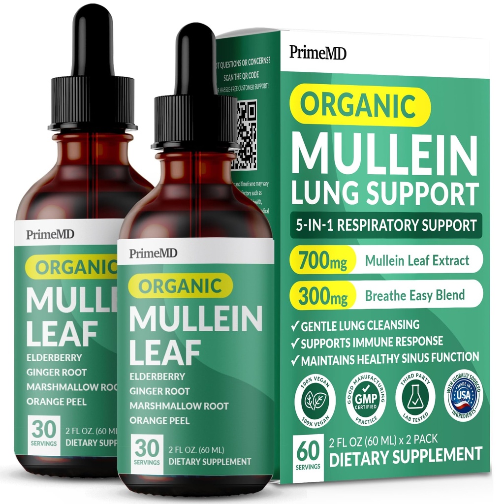 5-in-1 Mullein Drops for Lungs and Bronchial - Respirační Lung Health Support with Mullen Leaf Extract for Lungs - Mullein Tincture with Elderberry, Echinacea and Ginger Root (60 Servings) (2- pack)