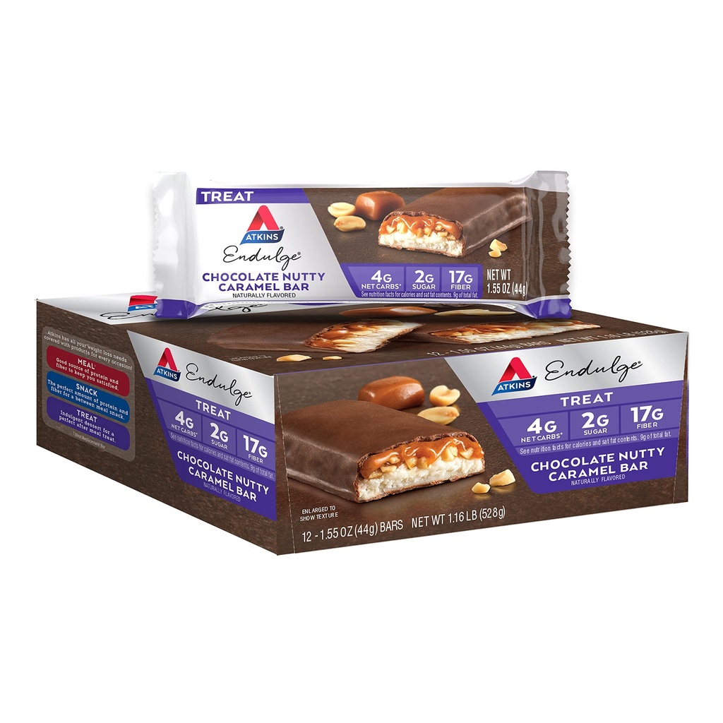 Atkins Endulge Chocolate Nutty Caramel Bar, Dessert Favorite, 2g Sugar, High in Fiber, Keto Friendly, 12 Počet