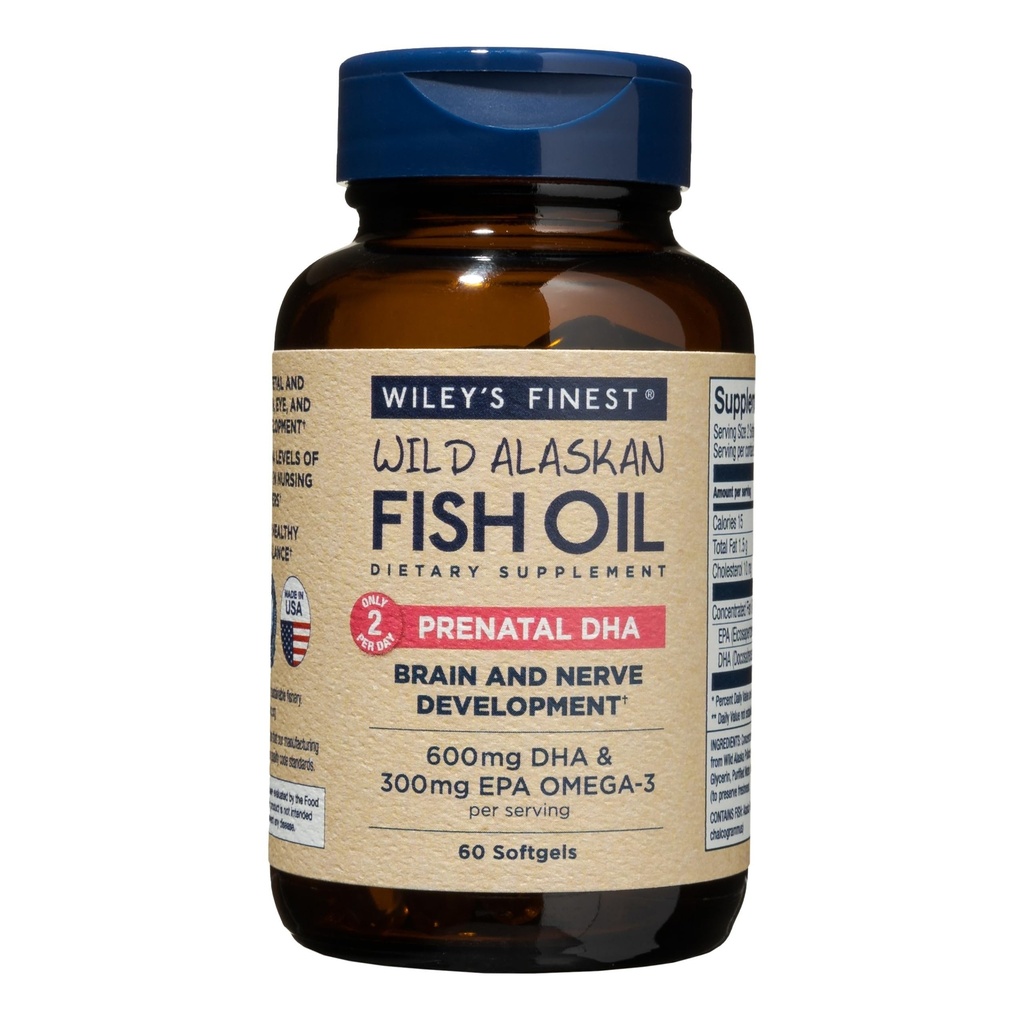 Wiley 's Finest Wild Alaskan Fish Oil Prenatal DHA - 900mg EPA a DHA Omega-3s pro těhotné ženy a kojící matky - 60 Softgels (30 Prenatal Vitamin Servings)