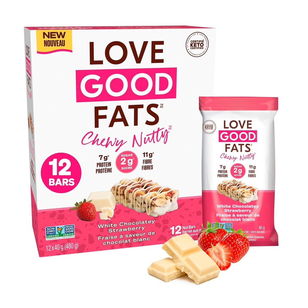 Love Good Fats Chewy Nutty White Chocolatey Strawberry Keto Bary - Low Carb Protein Snacks - 12 balení (1.59oz / 45g každý bar)
