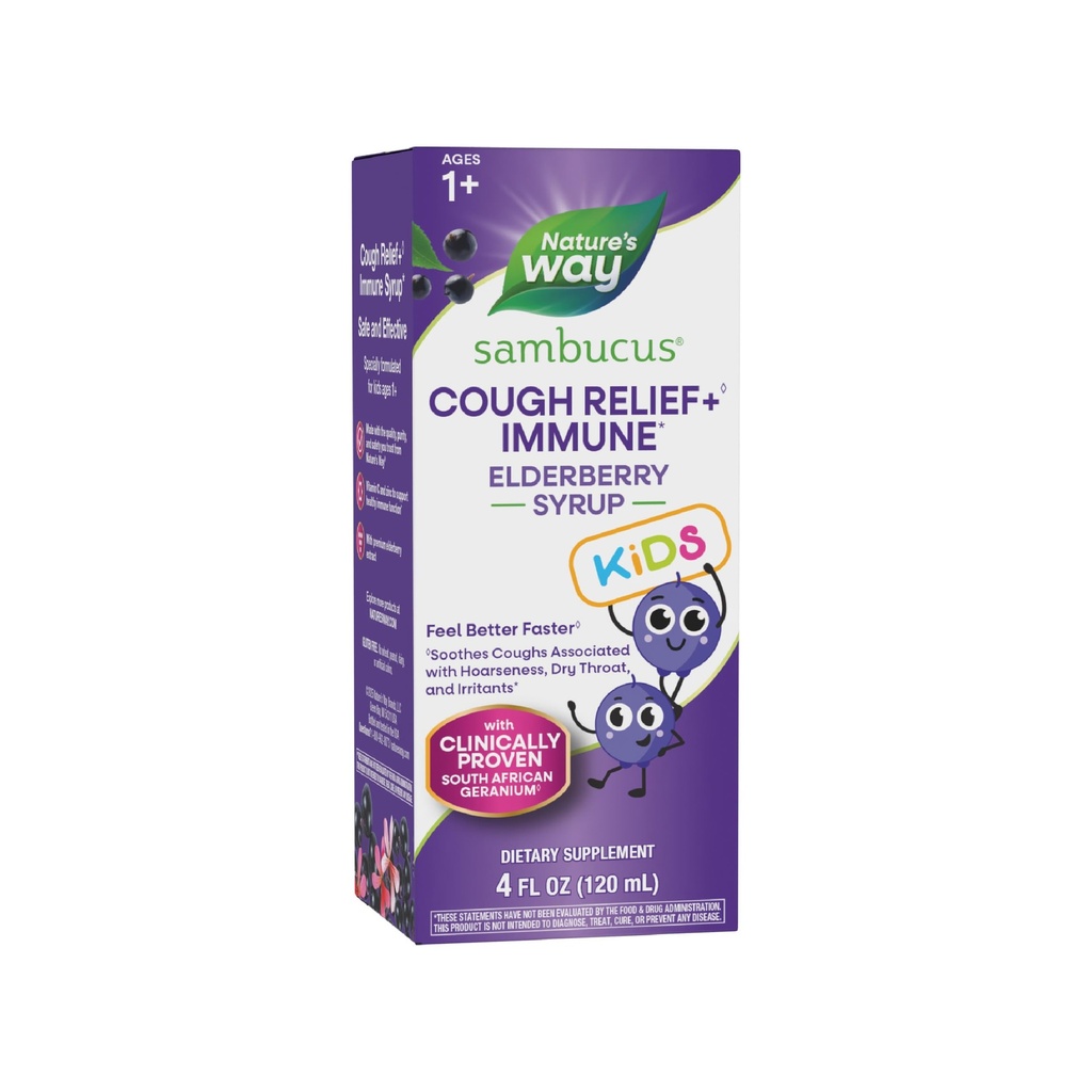 Nature 's Way Sambucus Kids Cough Relief + Imunitary Syrup *, Feel Better Faster, Klinicky osvědčený Jihoafrický Geranium, s Elderberry Extract, Vitamin C & Zinek, Gluten Free, Vegan, 4 Fl Oz