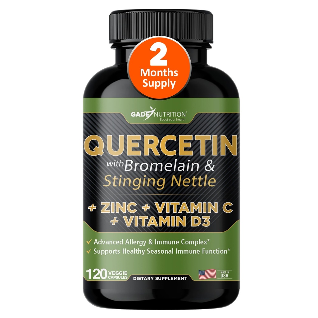 Quercetin s vitaminem C a zinkem - Nettle Quercetin - Quercetin 500mg - Quercetin s Bromelainem - Zinek Quercetin + Vitamin D3 - 120 Veggie Caps - (Non- GMO, Gluten- Free, Vegan) - 2 měsíční dodávka
