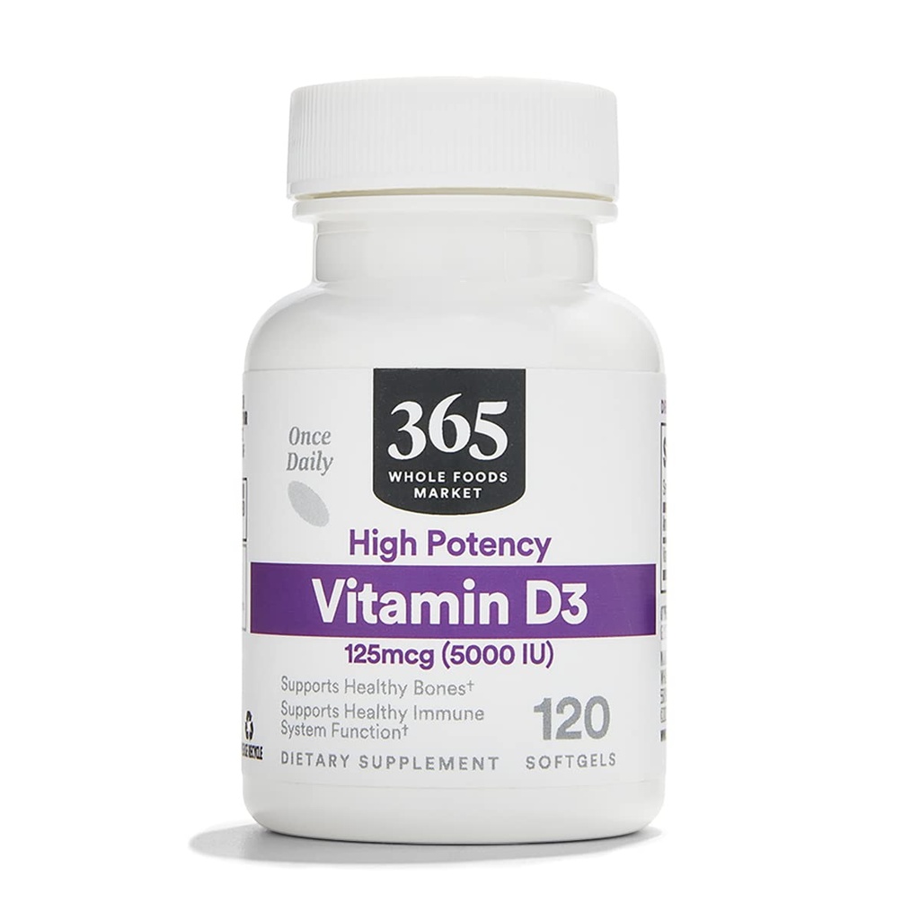 365 podle Whole Foods Market, Vitamin D3 Softgels, 5000 IU, 120 CT