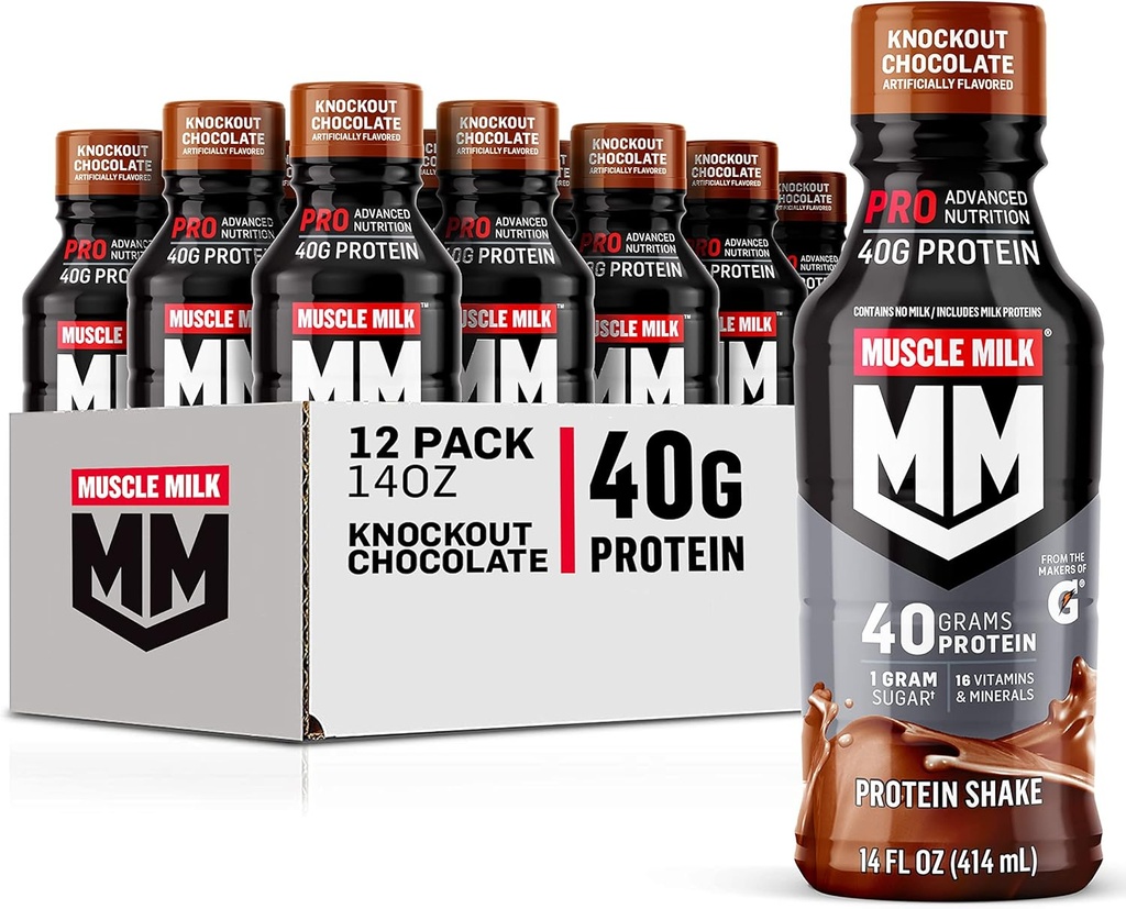 Muscle Milk Pro Advanced Nutrition Protein Shake, Knockout Chocolate, 14 Fl Oz láhev, 12 Pack, 40g Protein, 1g Cukr, 16 Vitamíny & Minerály, 6g Fiber, Recovery cvičení, Balení květen Vary