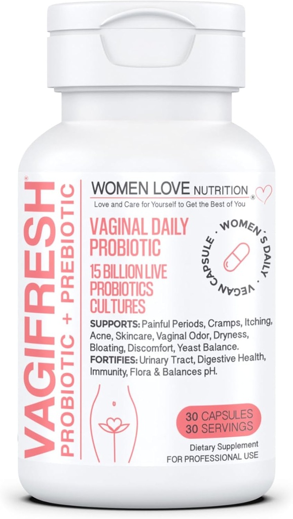VAGIFRESH Vaginální Probiotika, pH Balance, Prebiotika & Lactobacillus. Ženský vaginální zdravotní dodatek - Zdravý vaginální zápach & Flora, 30 hrabě.