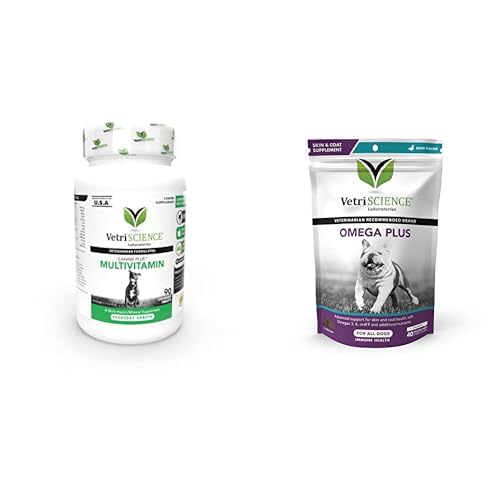 VetriScience Canine Plus MultiVitamin pro psy, 90 Tablety & Omega Plus Pokročilý doplněk kůže pro psy, 40 Žvýkání