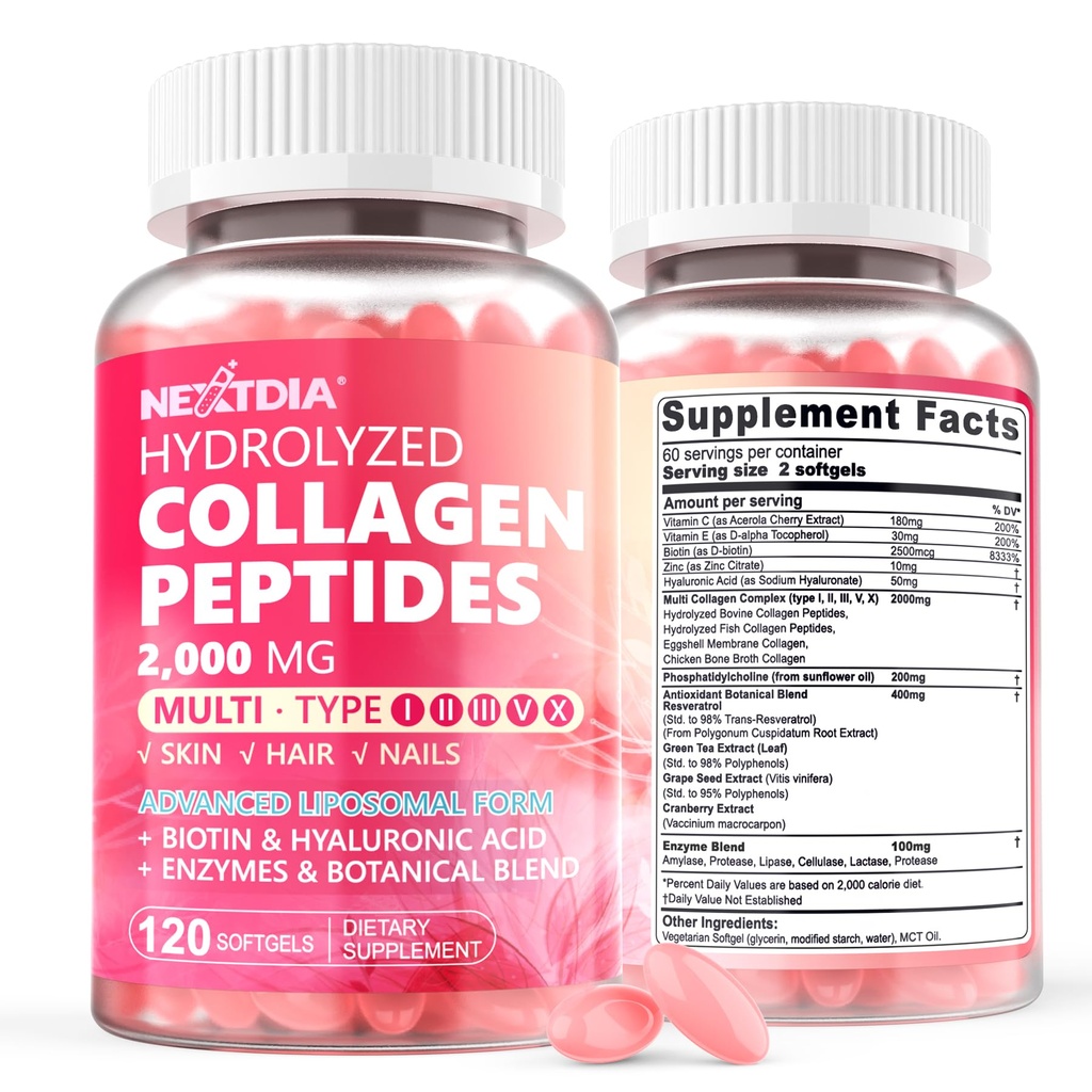 2 balení Lipozomální kolagen Peptidy pilulky pro ženy 2000mg, Multi hydrolyzované kolagen typu I, II, III, V, X s 2500mcg Biottin - kolagen doplňky ponožky s vlasy, kůže a nehty Vitamíny, 240 Cts