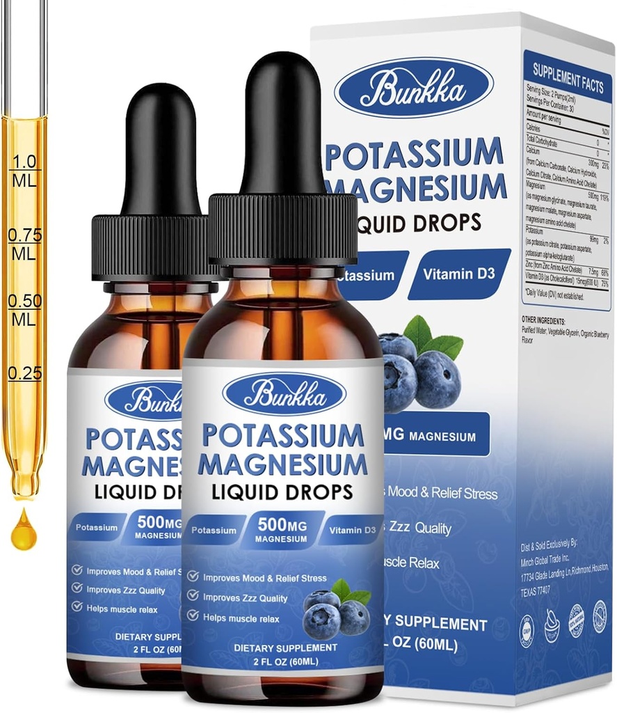 (2 Pack) Draslík Magnesium dodatek tekutý s draslíkem, hořčík, vápník, vitamin D3, zinek, pro dospělé a děti, bez cukru