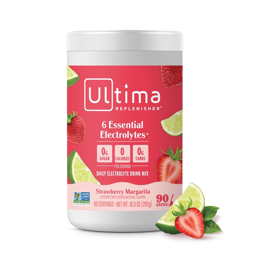 Ultima Replenisher Daily Electrolyte Powder Drink Mix - Sugar Free - Strawberry Margarita, 90 Servings - Hydration Powder with 6 Key Electrolytes and Trace Minerals - Keto Friendly, Non- GMO
