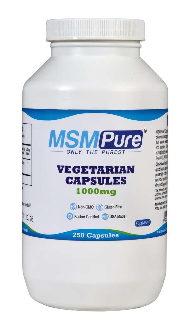 KALA ZDRAVOTNÍ MSMPUR MSM Vegetariánské kapsle - 1000 mg US- Made MSM per Capsule for Joint Health, Skin appearement, Vlas & Podpora nehtů - 250 Počet, Organic Sulfur