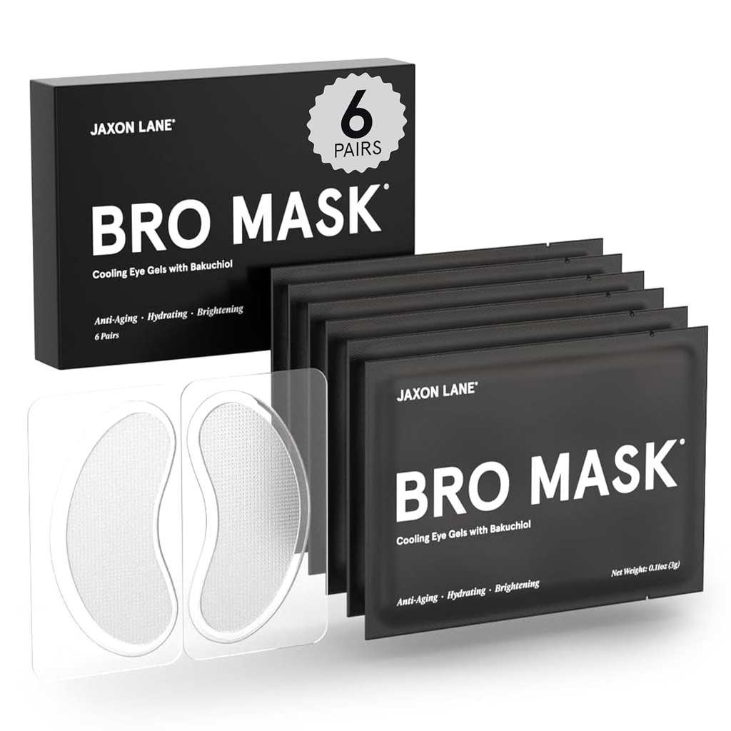 BRO MASK Pod oční záplaty pro muže Péče o pleť 124; Chladící oční masky pro tmavé kruhy a Puffness, Anti Aging Hydrogel Pads s Bakuchiol, Caffeine & Niacinamid, Oční tašky Léčba pro muže (6 páry)