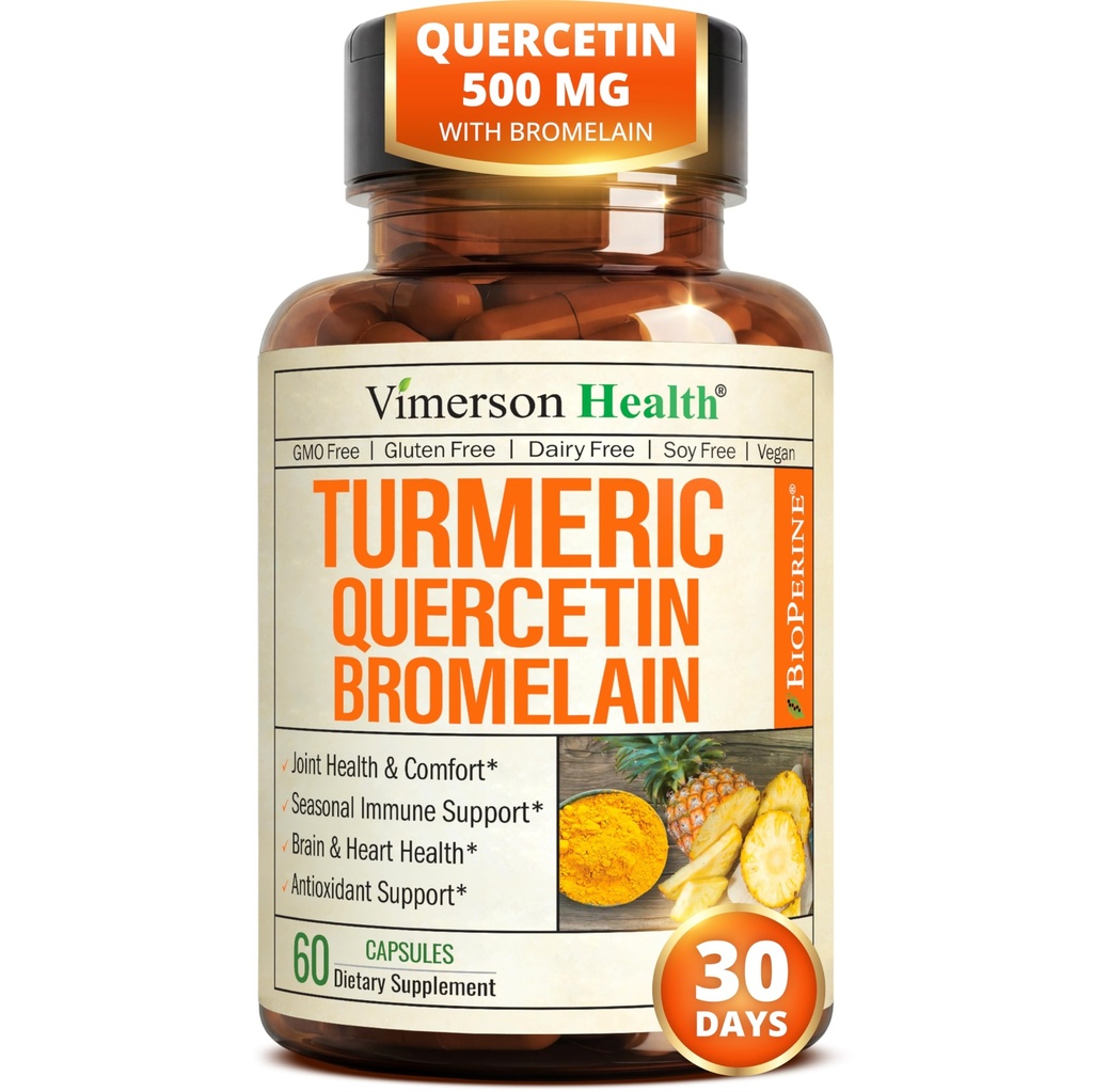 Quercetin s doplňkem Bromelain Turmeric Curcumin - alergická pomoc, společná a imunitní podpora - Organic Turmeric Supplement s Black Pepper (Bioperin) - 60 Quercetin 500mg Kapsle