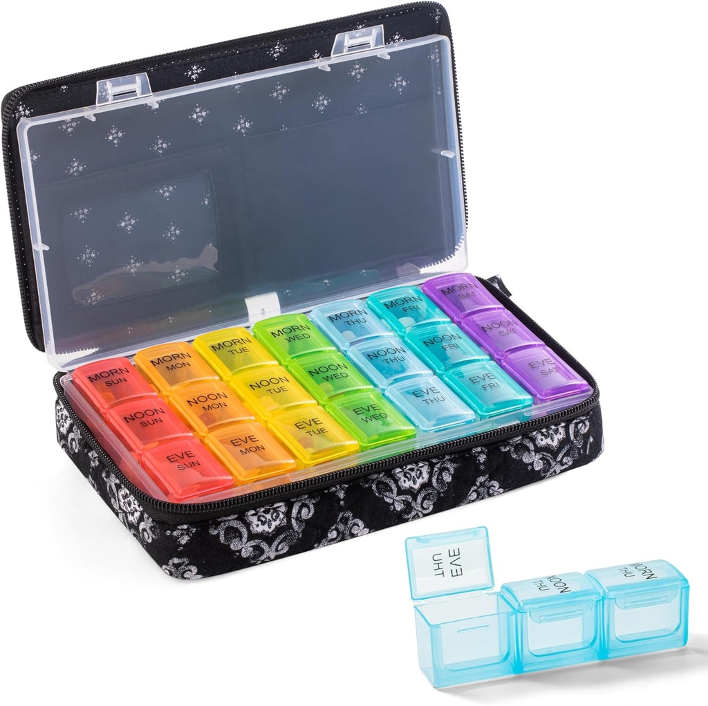 Týdenní Pill Pořadatel 3 krát denně - Pill Box 7 Day 3 krát denně s roztomilou prošívanou Fabric Zipper Bag - Travel Pill Case 7 Day 3 krát denně pro pořadatel vitaminové medicíny