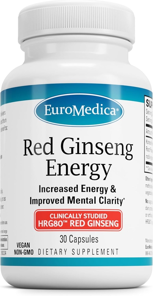 EuroMedica Red Ginseng Energy - dodatek k podpoře zdravé energie a zaměření - Bylinný dodatek s korejským rudým Ginsengovým kořenovým práškem - Veganské tablety na podporu zdravé endurance - 30 Kapsle