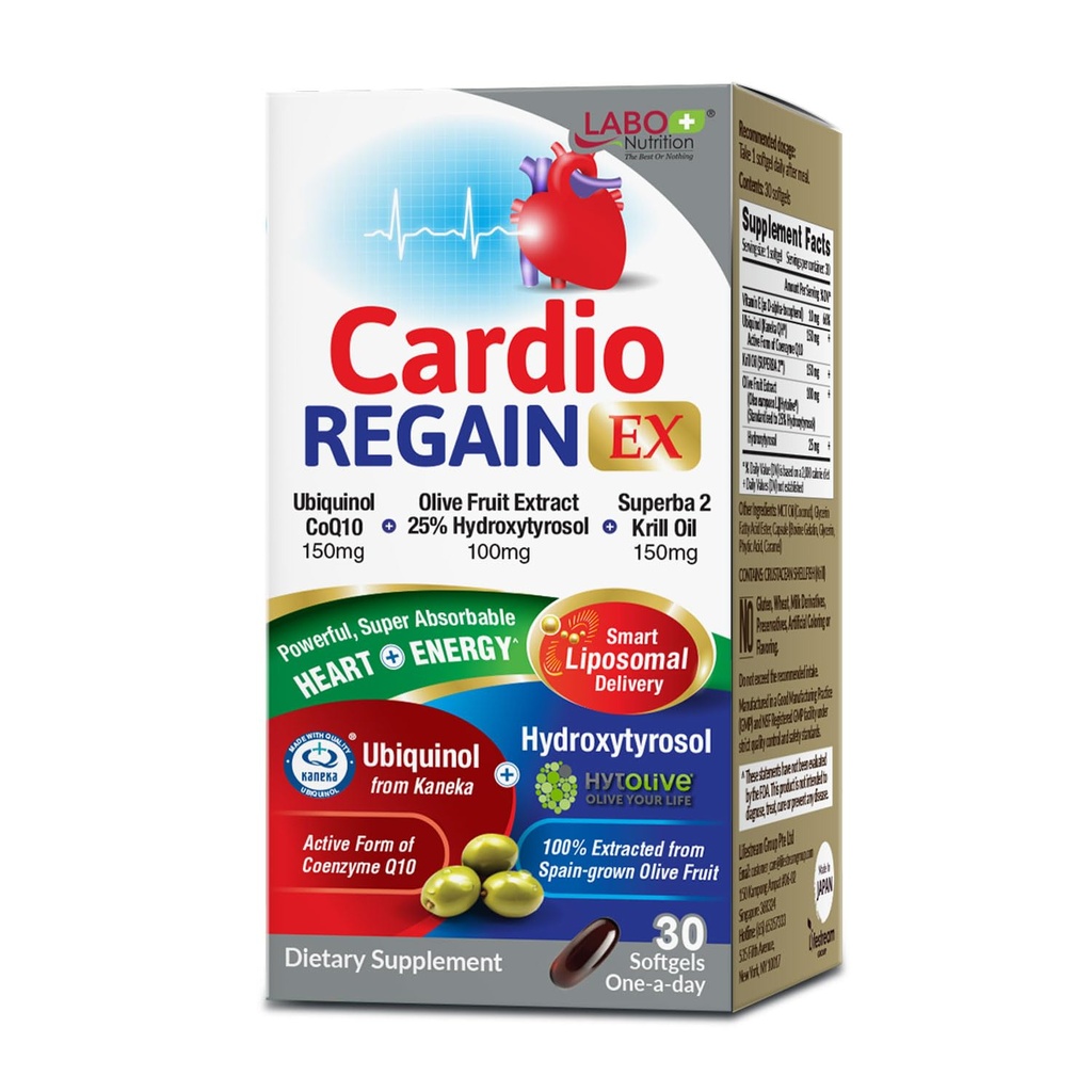 LABO Nutrition Cardioregaine EX - Ubiquinol CoQ10 dodatek s Kaneka QH 150mg, Extrakt z oliv (25% hydroxytyrosol), krilový olej - srdce, celulární energie, liposomální absorpce, Non- GMO, Soy- bez