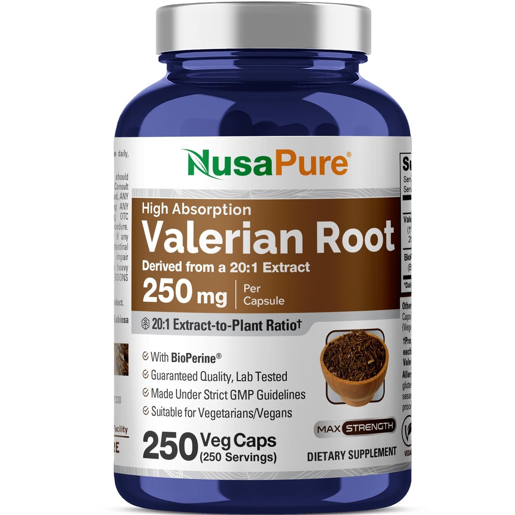 NusaPure Valerian Root 20: 1 Extract, 250 mg Ekvivalentní s 5000mg per Veggie Caps, 250 Count, Vegan, Non- GMO, Bioperin