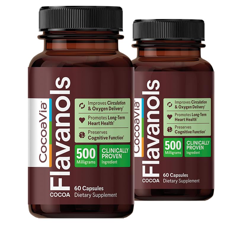 CocoaVia Cardio Zdraví Dodatek, 60 Den, 500mg kakaové flavanoly, Podpora srdce zdraví, Zvýšení oxidu dusnatého, krevní oběh, Energie, Vegan, Tmavá čokoláda, 120 Kapsle