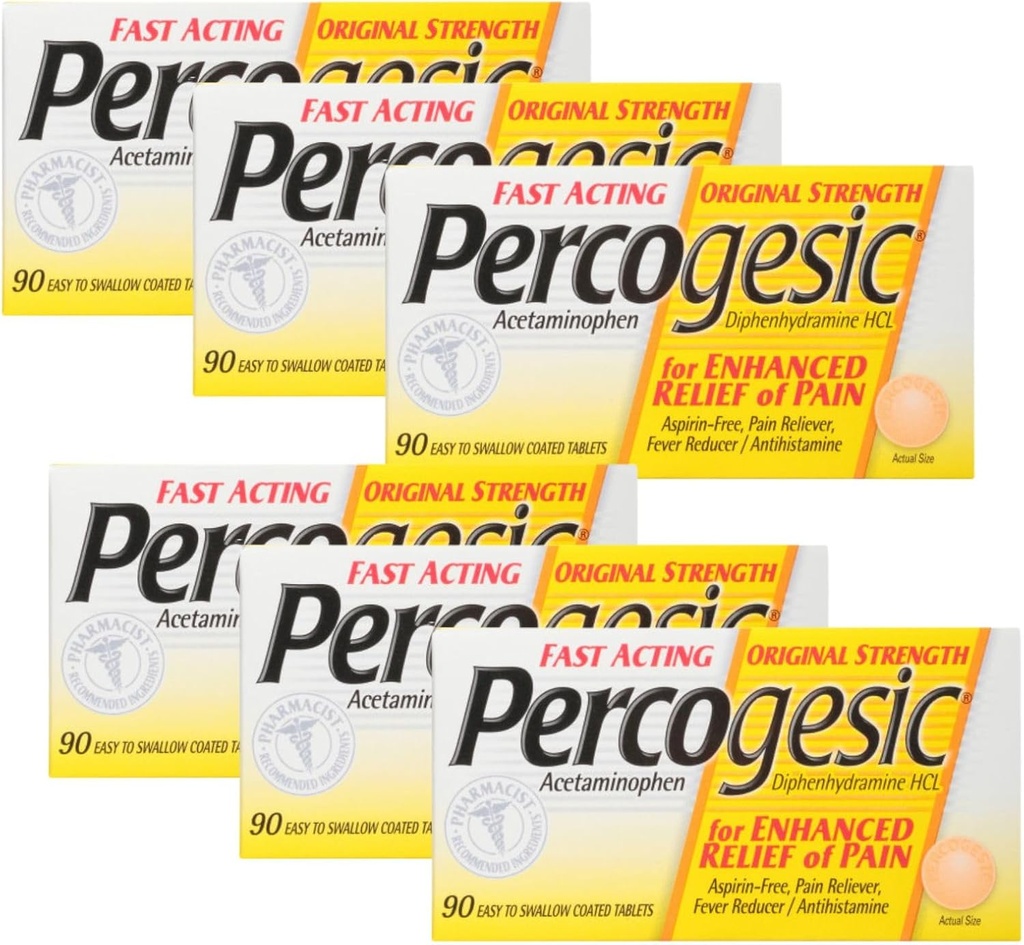 Percogesic Aspirin Free Pain Relief Tablety, Původní síla, Acetaminofen a Difenhydramin, 90 ct (Balení po 6)
