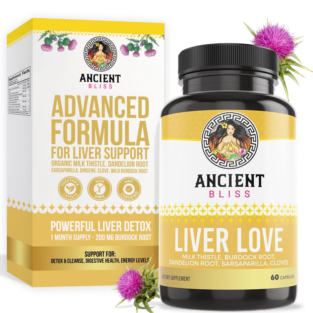 Starověké Bliss Játra Love - Přírodní mléko Thistle Játra Detox a Játra Zdraví čištění Dodatek - Podpora Zdravá játra u mužů a žen - 60 Kapsle - s Burdock, Pampeliška, hřebíky, a více