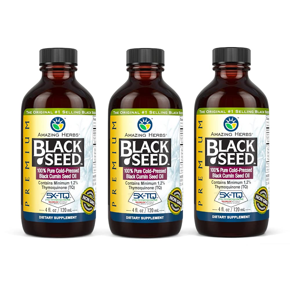 Amazing Byliny Premium Black Seed Oil - Gluten Free, non GMO, Cold Pressed Nigella Sativa AIDS in Digestive Health, Imunitní podpora, Mozková funkce - 4 Fl Oz (balení po 3)