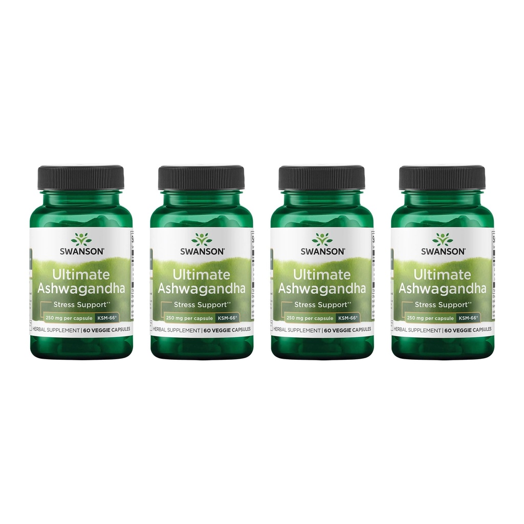 Swanson Ultimate Ashwagandha KSM-66 - Bylinný dodatek podporující zdravé stresové hladiny a relaxaci - Přírodní vzorec na podporu klid a relaxační Mindset - (60 Veggie Kapsle, 250mg každý) (4 Pack)