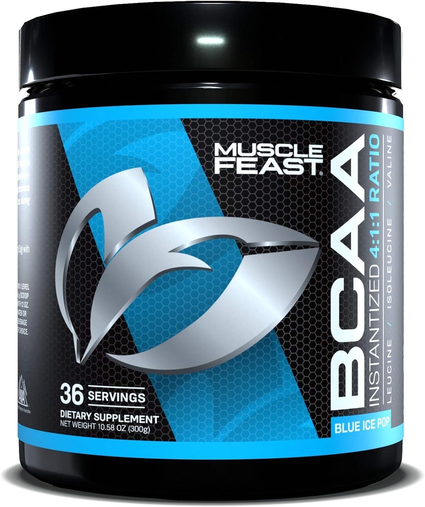 Muscle Feast Vegan BCAA Powder 4: 1: 1 Poměr Keto Friendly Sugar Free Post Recovery, Blue Ice Pop, 300g