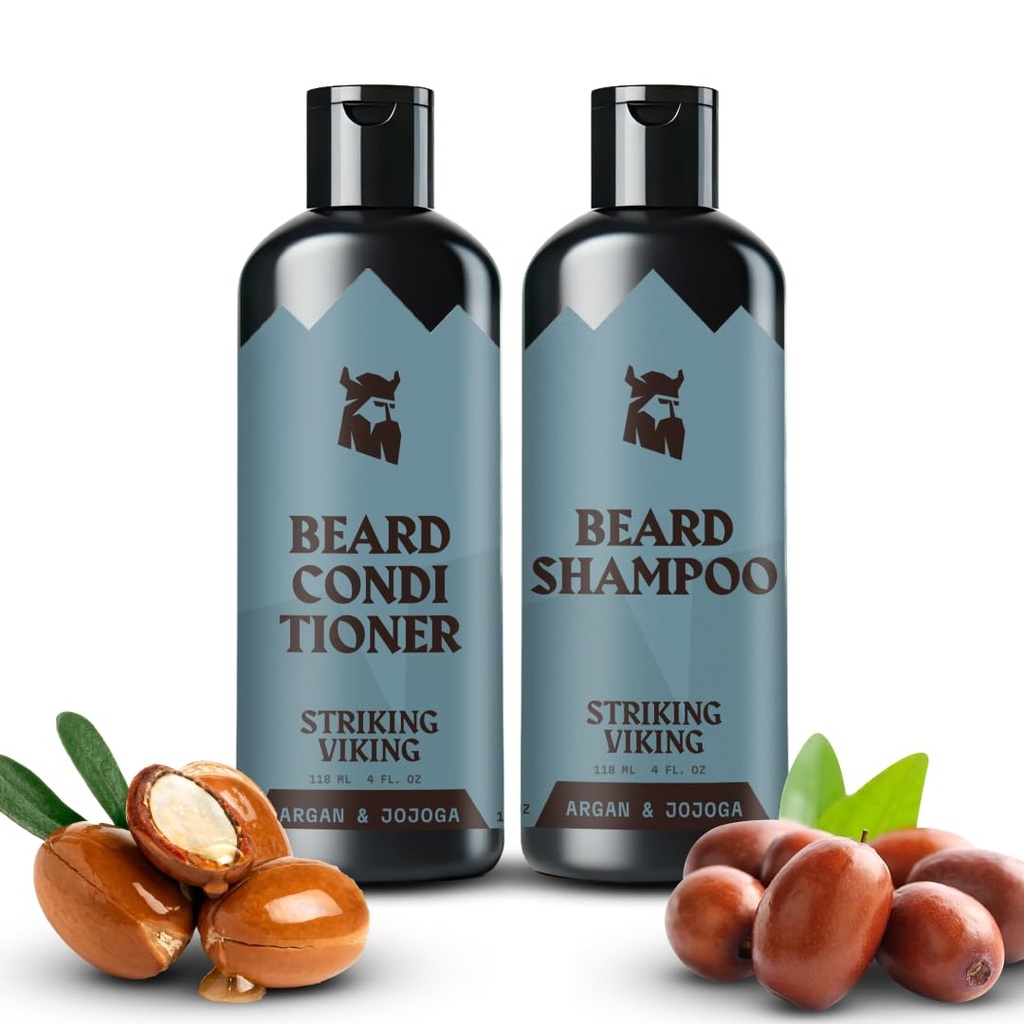 Striking Viking Beard Shampool a Conditioner Set - 4 Fl Oz Each, Fresh Masculine Scent - Beard Wash and Conditioner for men - Cleanses & Softens, with Argan & Jojoba Oil - Sulfath & Paraben zdarma