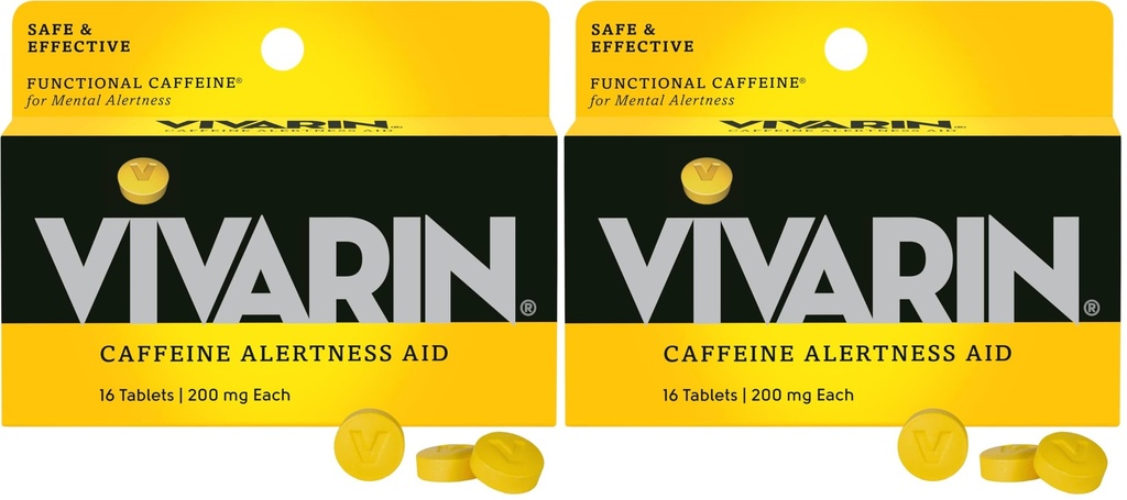Vivarin, Kofeinové pilulky, 200mg kofein na dávku, Bezpečně a účinně vám pomůže zůstat vzhůru, žádný cukr, kalorií nebo skryté ingredience, doplněk energie, 16 tablet (balení po 2)