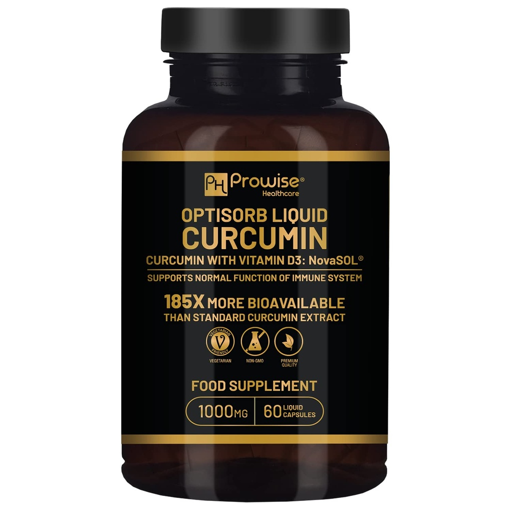 Optisorb Liquid Curcumin s vitaminem D - 60 Liqcaps CLAS124; 185x Turmeric & Curcumin Biologická dostupnost - Ultra Biologický dostupný CLAS124; Liquid Capsules s 1000mg NovaSOL Denní dávkování - Spojené království Vyrobeno