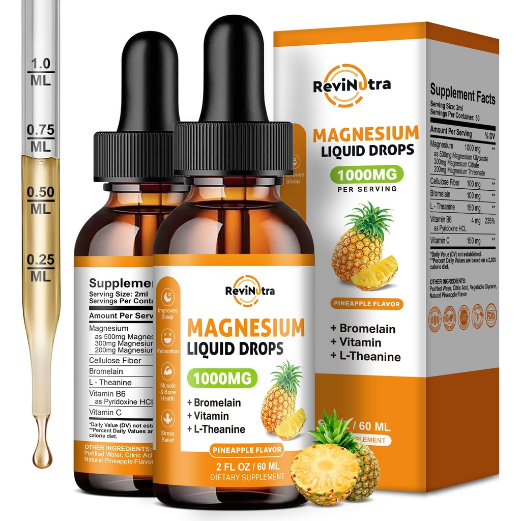 2 balení Glycinát hořčíku kapalné kapky, 1000mg tekuté hořčíku komplexní kapky pro spánek, Nerve, energie, svalovina, kost, klid a potrava, vysoká absorpce, 2 Fl Oz, ananasový flavor