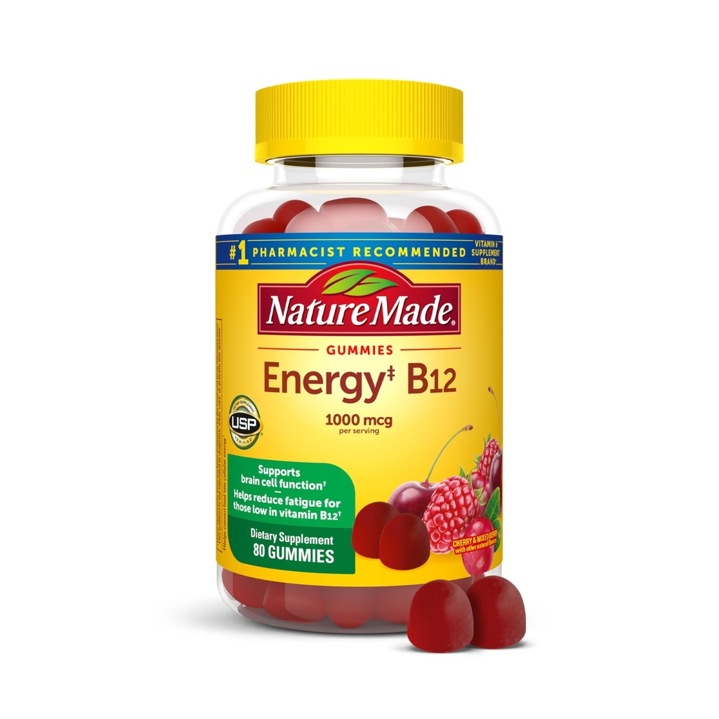 Příroda vyrobená energie B12 1000 mcg, dodatek stravy pro podporu energetického metabolismu, 80 žumpy, 40 denní dodávka Obal se může lišit