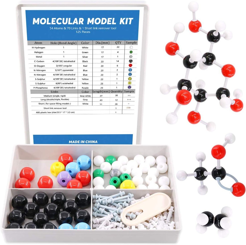 Swpeet 125 Pcs Molekulární model Kit pro anorganické a organické molekulární model učitel a 16 let a více Student Kit - 54 Atoms & 70 Odkazy & 1 Krátký odkaz Odstranění nástroj - Věda Hračky