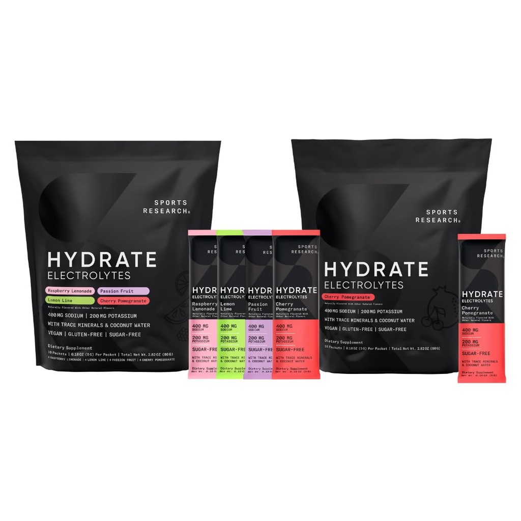 Sportovní výzkum Hydrate Electrolytes Combo Pack - Sugar- Free & Přirozeně ochucené vitamíny, minerály, a kokosová voda - Podporuje Hydration - 32 Pakety - Cherry Pomegranate Dominant Flavor