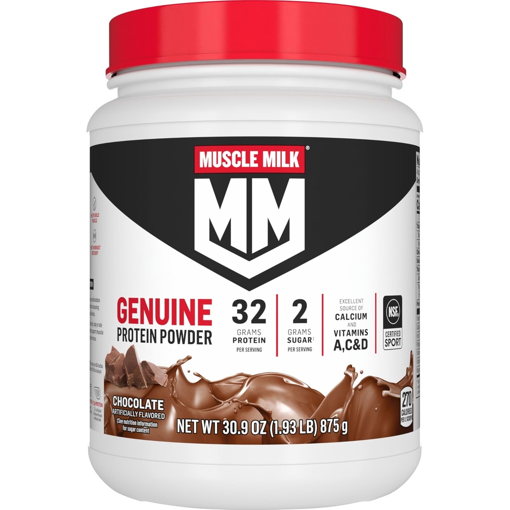Muscle Milk Genuine Protein Powder, Chocolate, 1.93 Pounds, 13 Servings, 32g Protein, 2g Cukr, vápník, vitaminy A, C & D, NSF Certified for Sport, Energizing Snack, Balení May Vars