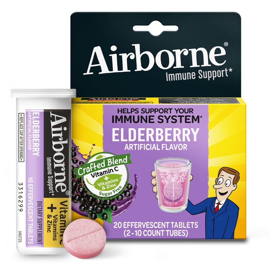 Airborne Elderberry Extract + vitamin C 1000mg (per Serving) - Effervescent Tablety (20 Počet v krabici), gluten- Free Imunitary Supplement, s vitaminy A C E, zinek, selen, cukr zdarma