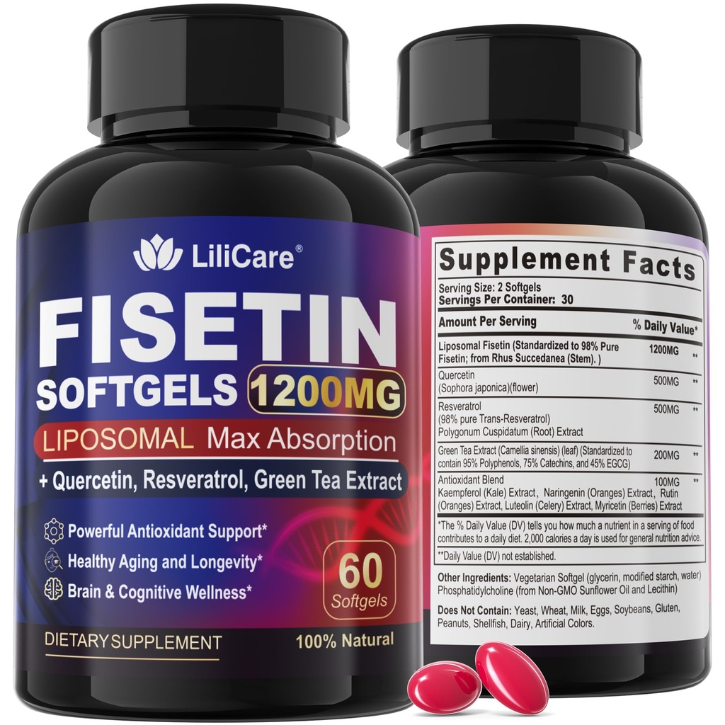 Fisetin dodatek - Lipozomální Super Absorpce 98% Čisté 1200mg s Quercetin, Resveratrol, Green Tea Extract pro zdravé stárnutí a dlouhověkost, zdraví kůže, Brain & Antioxidant - 60 Softgels