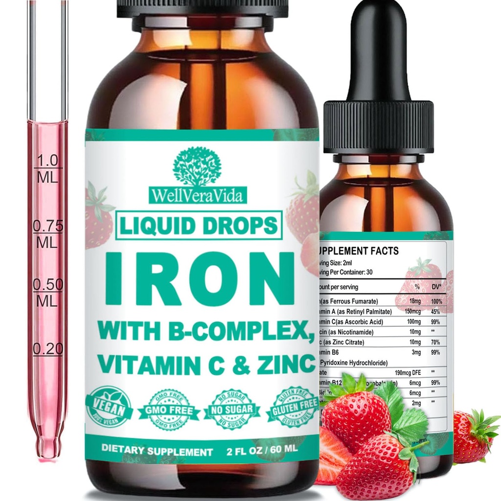 Liquid Iron Supplement w / Vitamin C, B-Complex, High potency Iron Liquid w. Multivitamin, Vegan Iron Drops for Women, Kids, Chelate Liquid Iron Supplement for Anémie, Únava, Rudá krevní buňky Podpora