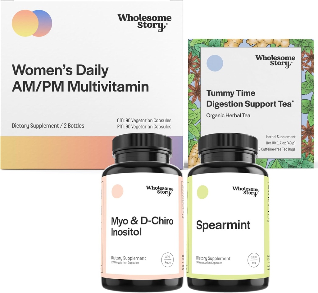 Hormon Balance Support Bundle 124; Myo- Inositol & D- Chiro Inositol Blend 30- den Dodávka 124; Organic Spearmint 30- den Dodávka 124; Premium Daily Multivtamin pro ženy 30- den Dodávka 124; Ranní nevolnost čaj 15ct